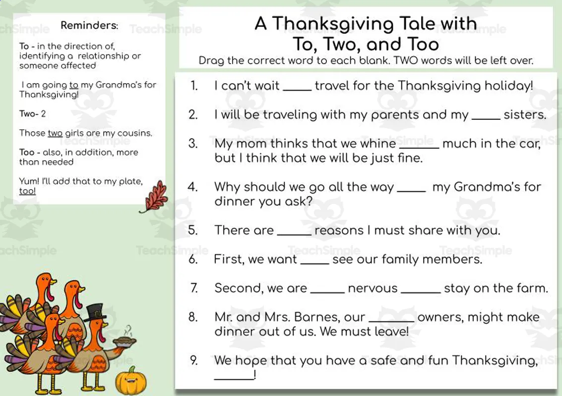 An educational teaching resource from Class with Mrs B entitled A Thanksgiving Tale with To, Too, & Two downloadable at Teach Simple.