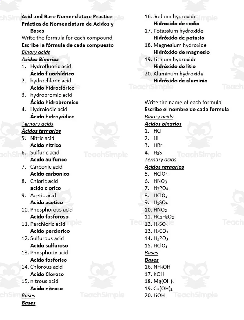 An educational teaching resource from Schrim's Chem entitled Acid and Base Nomenclature Practice - English and Spanish downloadable at Teach Simple.