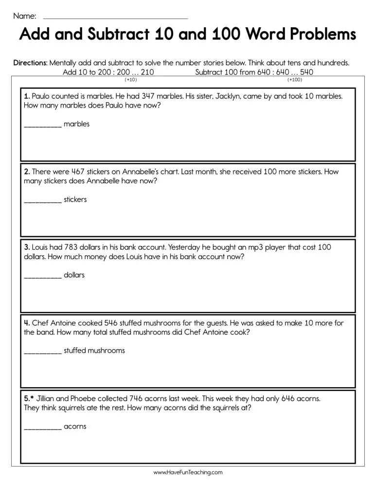 Add and subtract 10 and 100 word problems worksheet by teach simple