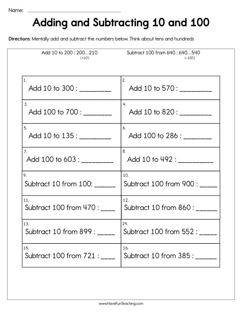 An educational teaching resource from Have Fun Teaching entitled Add and Subtract 10 and 100 Worksheet downloadable at Teach Simple.