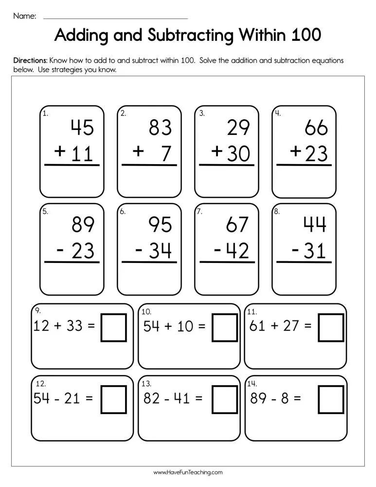 Adding and Subtracting Within 100 Worksheet by Teach Simple Adding and Subtracting Within 100 Worksheet by Teach Simple