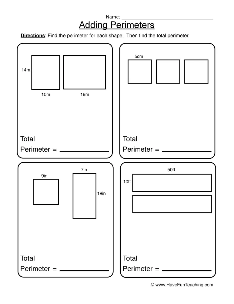 An educational teaching resource from Have Fun Teaching entitled Adding Perimeters Worksheet downloadable at Teach Simple.