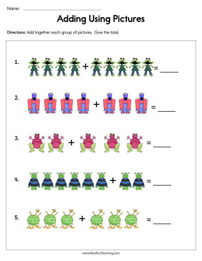 An educational teaching resource from Have Fun Teaching entitled Adding Using Pictures Worksheet downloadable at Teach Simple.