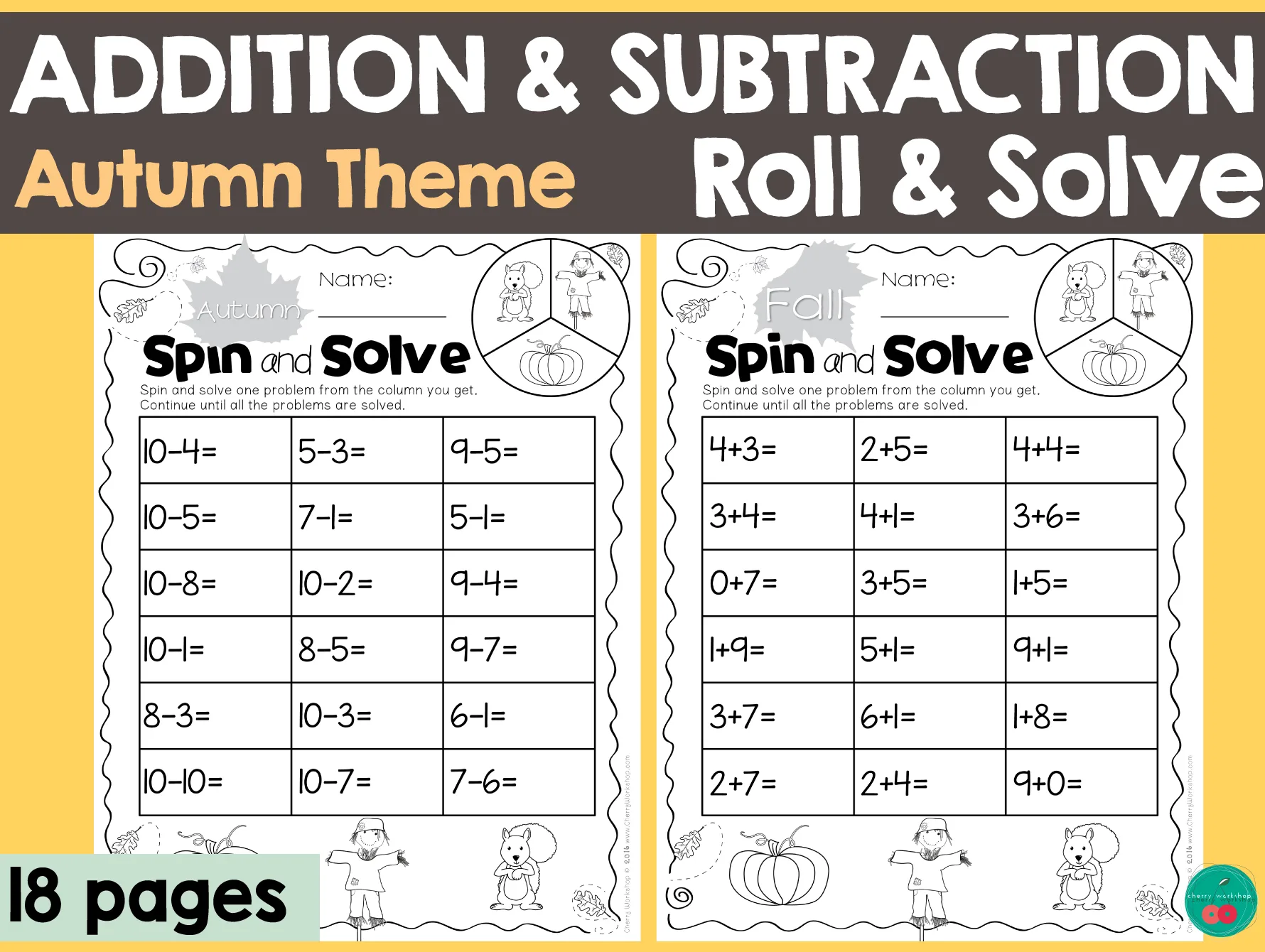 An educational teaching resource from Cherry Workshop entitled Addition and Subtraction Roll & Solve -Autumn Themed downloadable at Teach Simple.