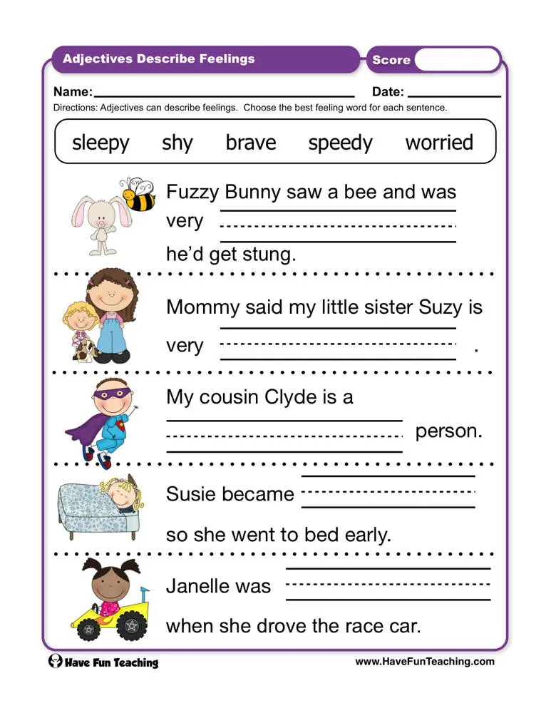 An educational teaching resource from Have Fun Teaching entitled Adjectives Describe Feelings Worksheet downloadable at Teach Simple.