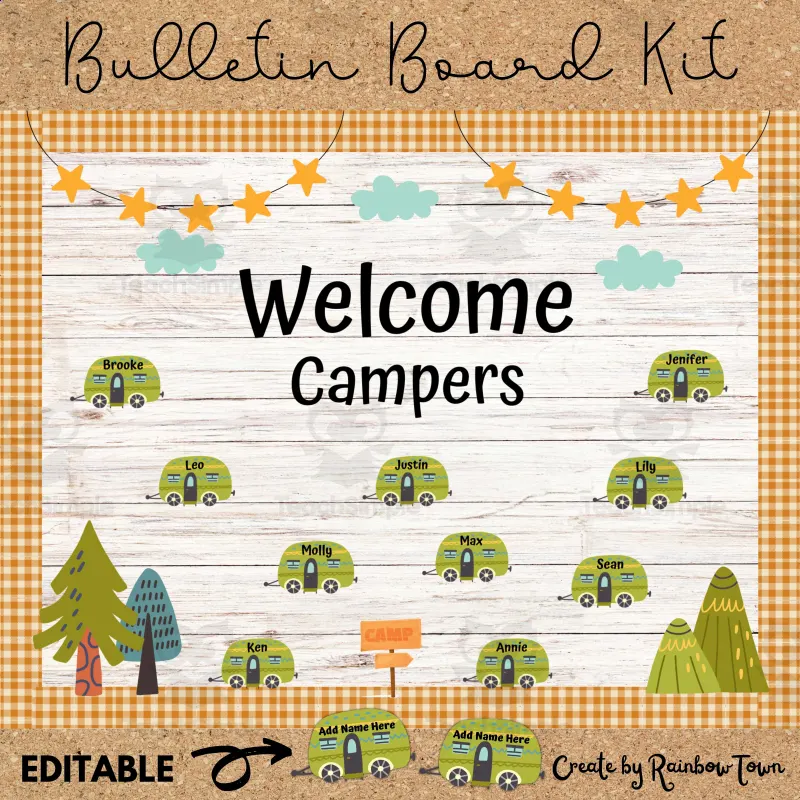 An educational teaching resource from RainbowTown entitled Adventure Awaits Bulletin Board Door Decorations Camping Theme Back To School downloadable at Teach Simple.