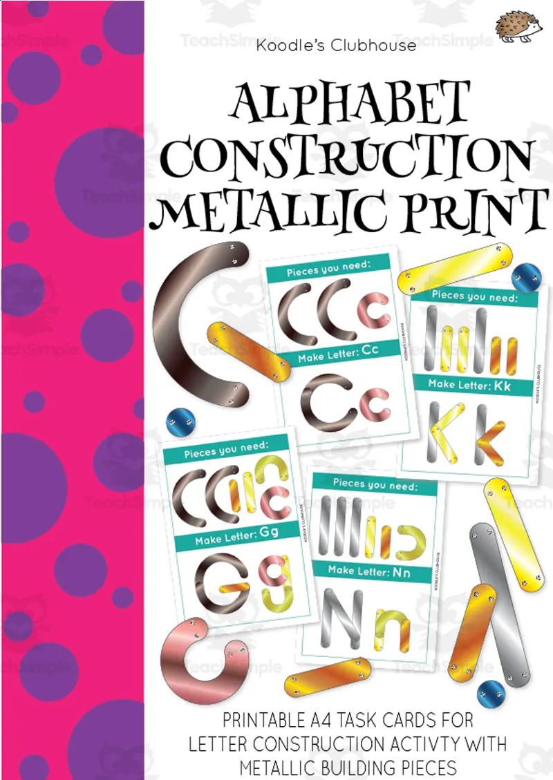 An educational teaching resource from Koodles Clubhouse entitled Alphabet Construction Metallic Print downloadable at Teach Simple.