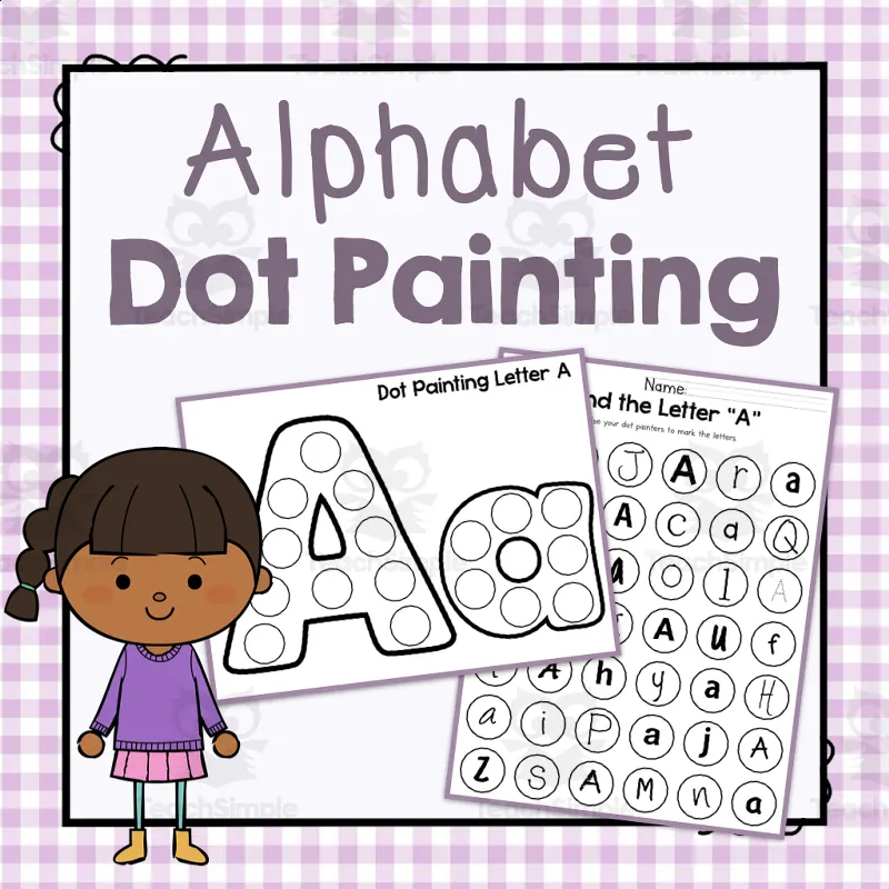 An educational teaching resource from Simply Schoolgirl entitled Alphabet Dot Painting | Letter of the Week Activity Book downloadable at Teach Simple.