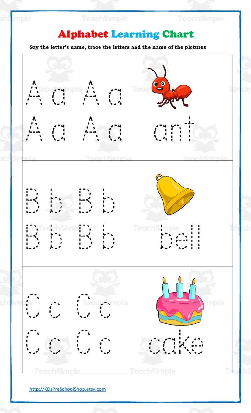 An educational teaching resource from KD's PreSchool Shop entitled Alphabet Learning Chart downloadable at Teach Simple.