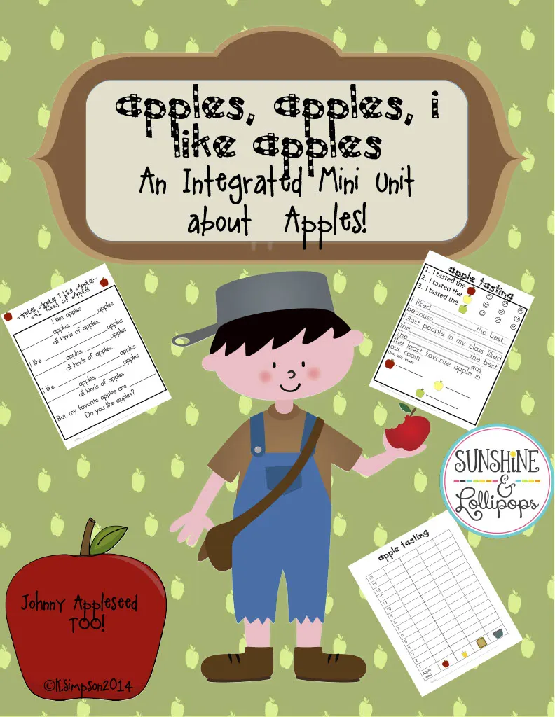 An educational teaching resource from Sunshine and Lollipops entitled An Integrated Mini Unit About Apples - Math and Literacy Activities downloadable at Teach Simple.