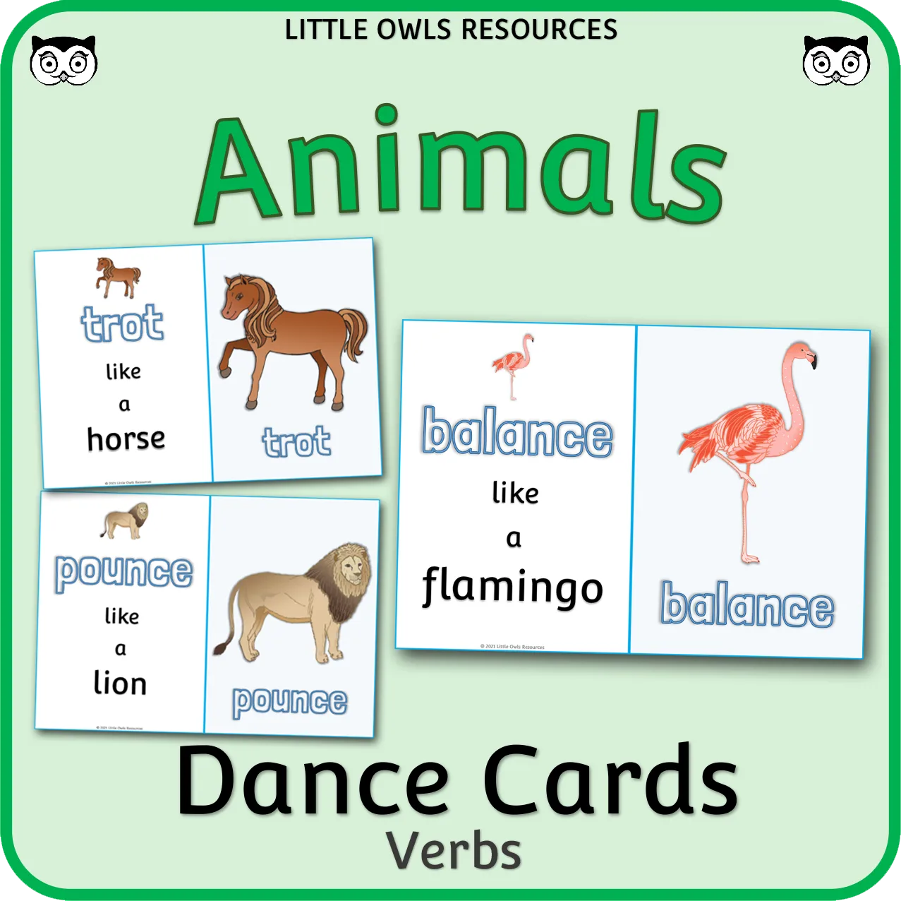 An educational teaching resource from Little Owls Resources entitled Animal Dance Cards Verbs downloadable at Teach Simple.