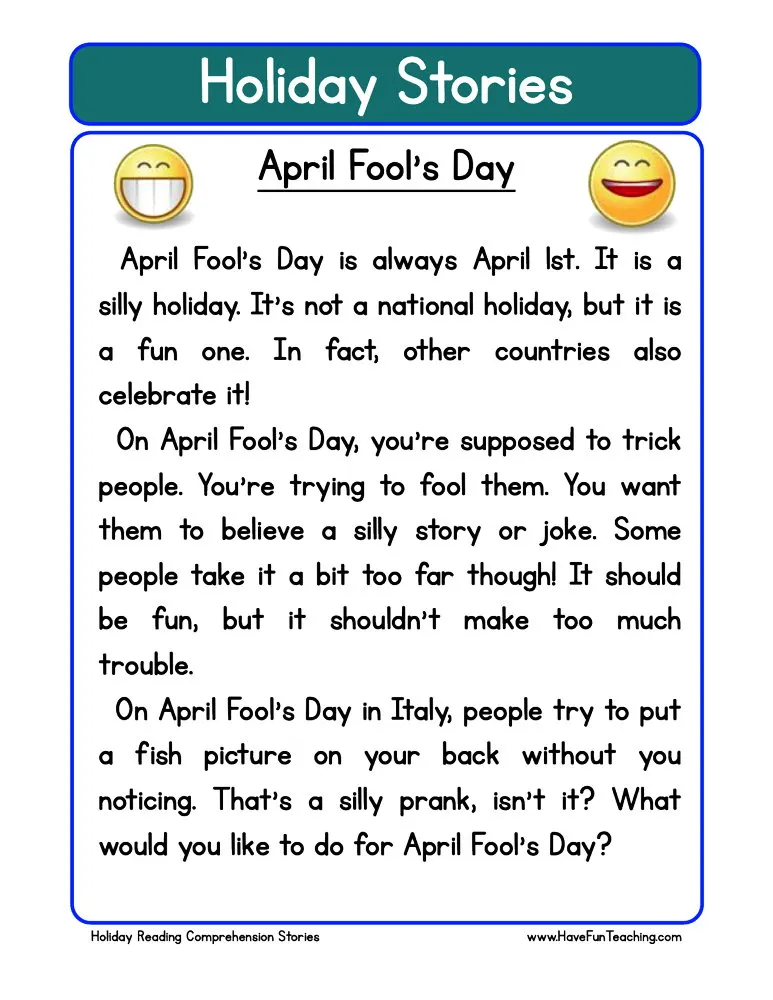 An educational teaching resource from Have Fun Teaching entitled April Fools Day Reading Comprehension Worksheet downloadable at Teach Simple.