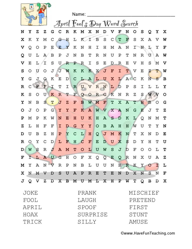 An educational teaching resource from Have Fun Teaching entitled April Fools Word Search Worksheet downloadable at Teach Simple.