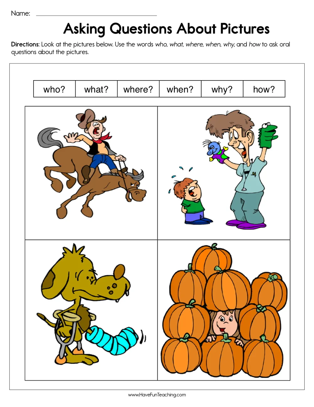 An educational teaching resource from Have Fun Teaching entitled Asking Questions About Pictures Worksheet downloadable at Teach Simple.