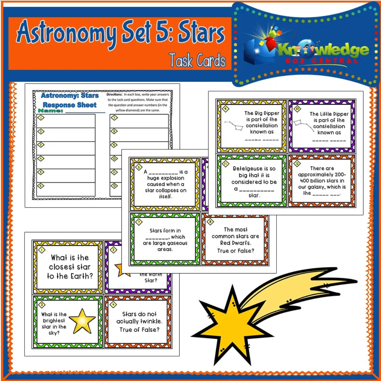 An educational teaching resource from Knowledge Box Central entitled Astronomy Task Cards: Set 5: Stars - EBOOK downloadable at Teach Simple.