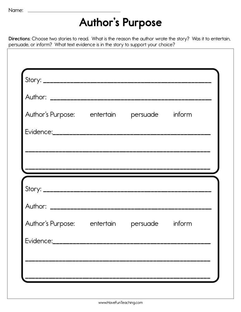 An educational teaching resource from Have Fun Teaching entitled Author's Purpose Worksheet downloadable at Teach Simple.