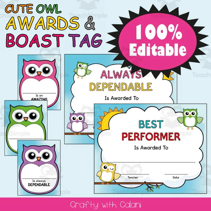 An educational teaching resource from Crafty with Calani entitled Awards and Boast Tags in Cute Owl Theme - 100% Editable downloadable at Teach Simple.