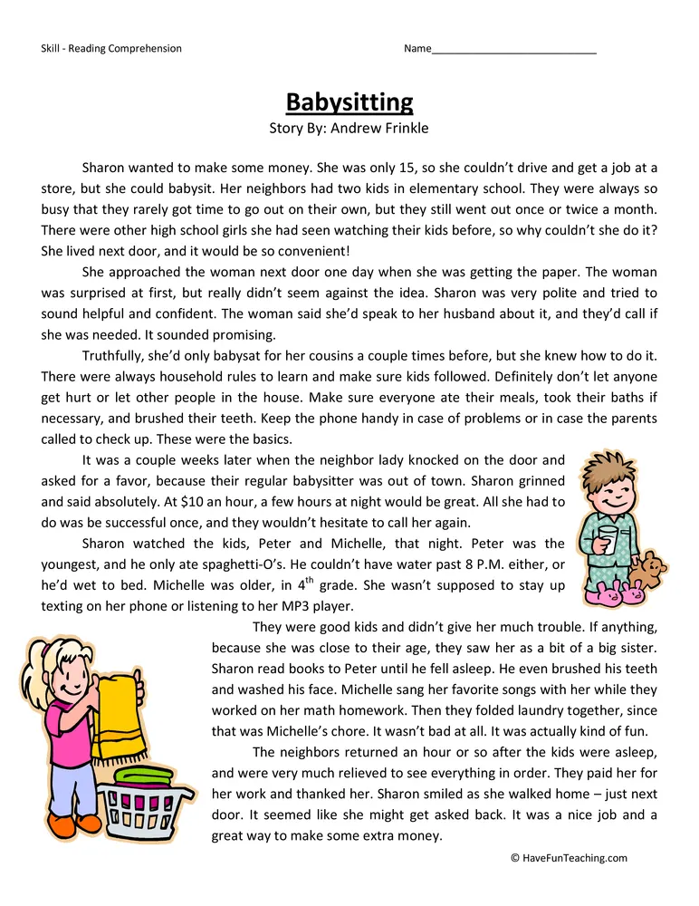 An educational teaching resource from Have Fun Teaching entitled Babysitting - Reading Comprehension Worksheet downloadable at Teach Simple.