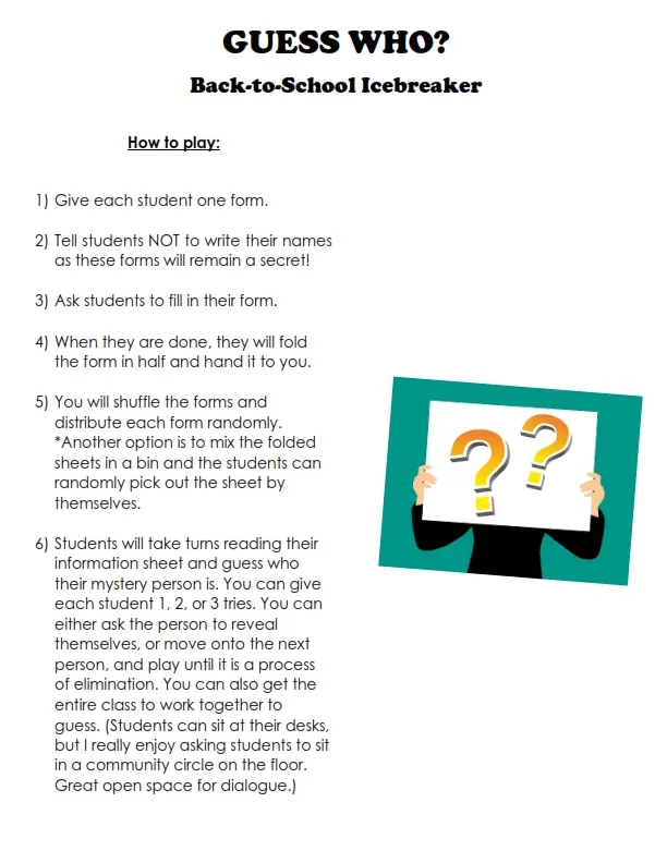 An educational teaching resource from Brave Education entitled Back to School Icebreaker: Guess Who? downloadable at Teach Simple.