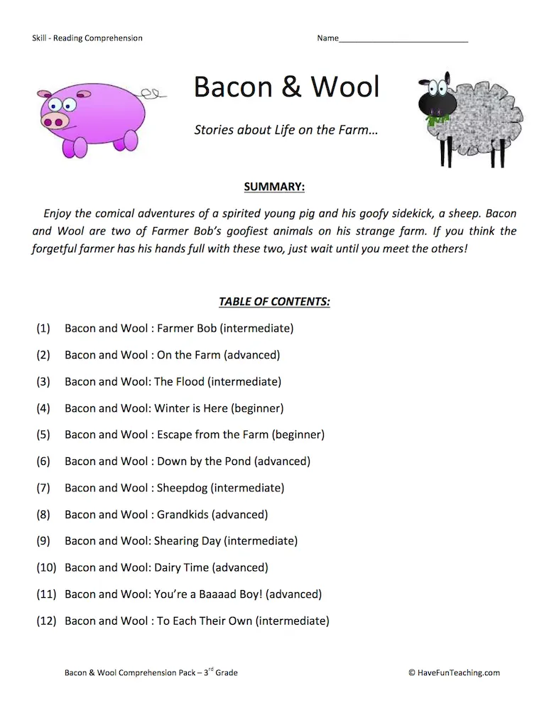 An educational teaching resource from Have Fun Teaching entitled Bacon and Wool Reading Comprehension Test Collection downloadable at Teach Simple.