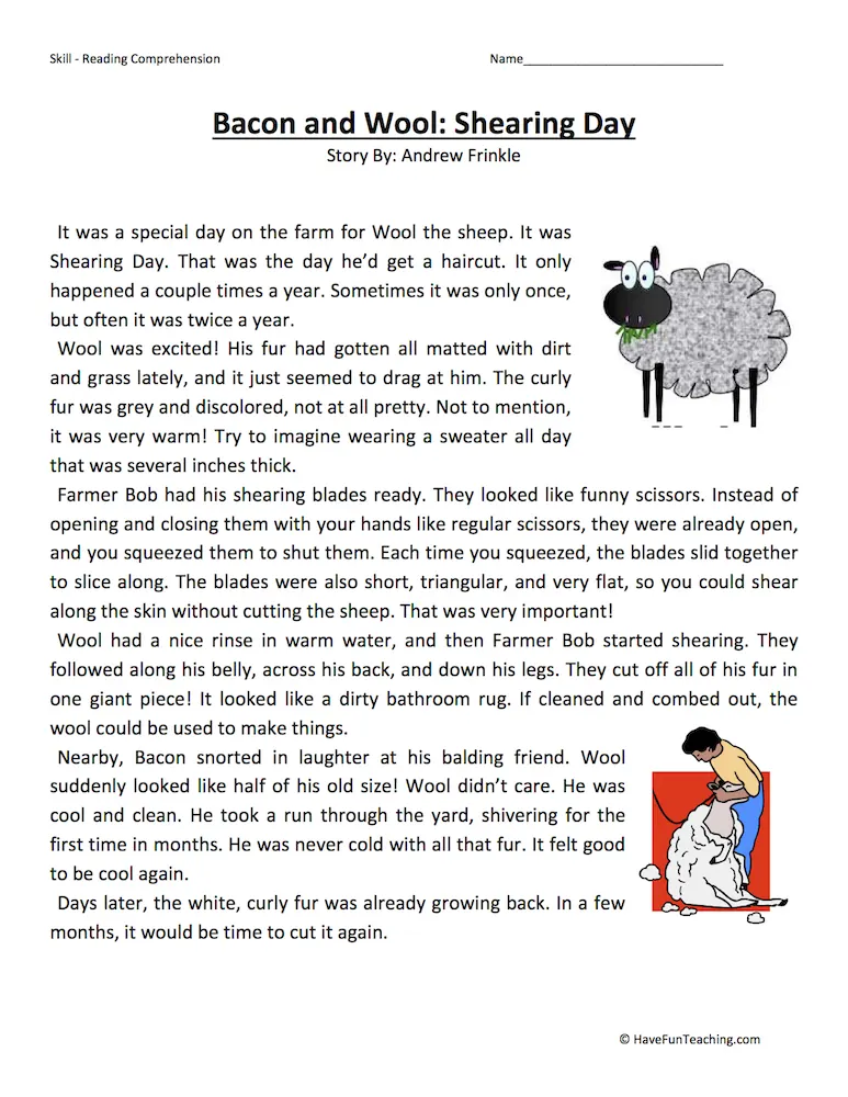 An educational teaching resource from Have Fun Teaching entitled Bacon and Wool: Shearing Day - Reading Comprehension Worksheet downloadable at Teach Simple.