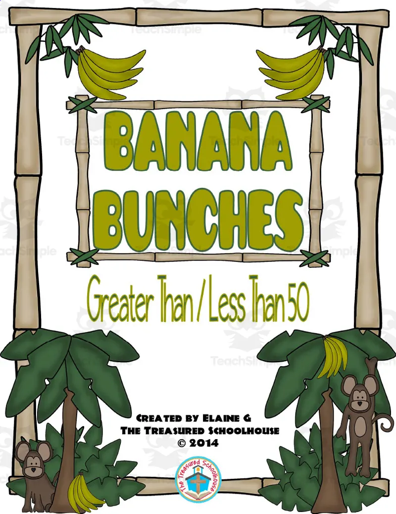 An educational teaching resource from The Treasured Schoolhouse entitled Banana Bunches: Greater Than/Less Than 50 Game downloadable at Teach Simple.