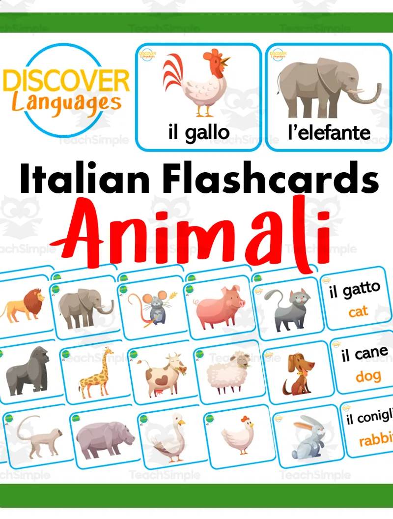 An educational teaching resource from Discover Languages entitled Beginner Italian Flash Cards Farm & Zoo Animals - Animali downloadable at Teach Simple.