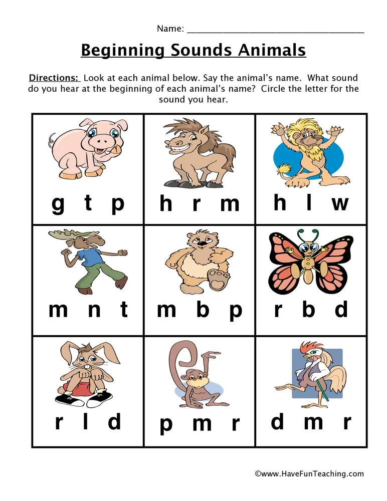 An educational teaching resource from Have Fun Teaching entitled Beginning Animal Sounds Worksheet downloadable at Teach Simple.