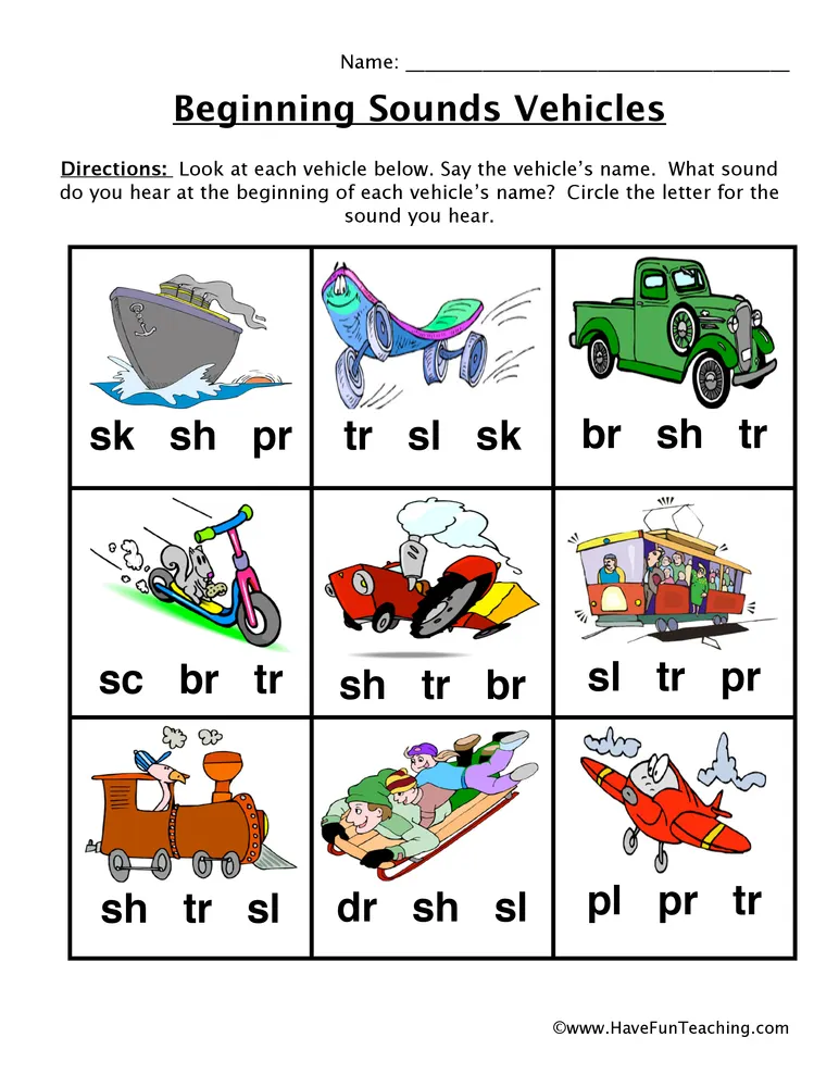 An educational teaching resource from Have Fun Teaching entitled Beginning Blends Transportation Worksheet downloadable at Teach Simple.