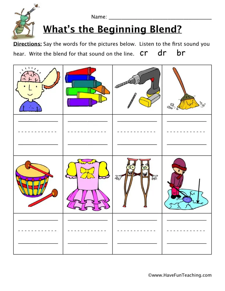 An educational teaching resource from Have Fun Teaching entitled Beginning Sounds CR, DR, BR Worksheet downloadable at Teach Simple.