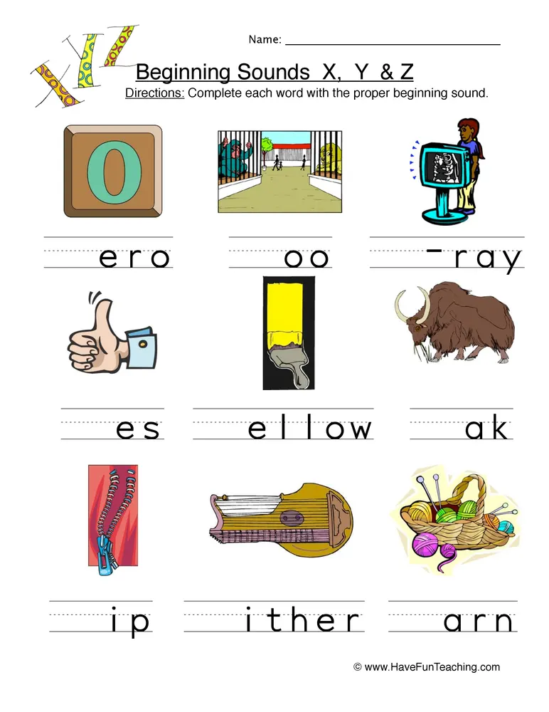 An educational teaching resource from Have Fun Teaching entitled Beginning Sounds X Y Z Pictures Worksheet downloadable at Teach Simple.