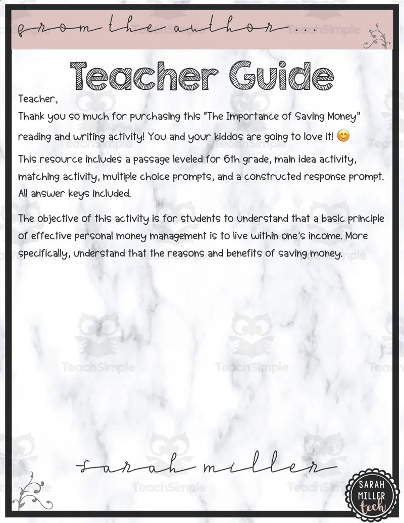 An educational teaching resource from Sarah Miller Tech entitled Benefits of Saving Money Reading Packet downloadable at Teach Simple.
