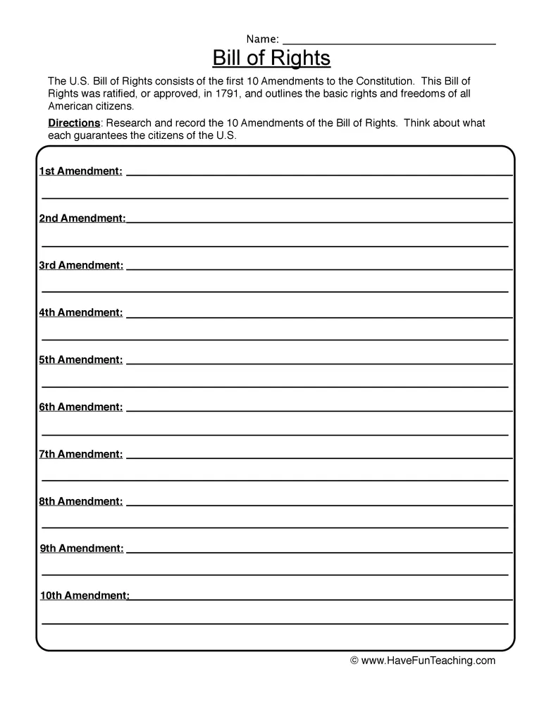 An educational teaching resource from Have Fun Teaching entitled Bill of Rights Worksheet downloadable at Teach Simple.