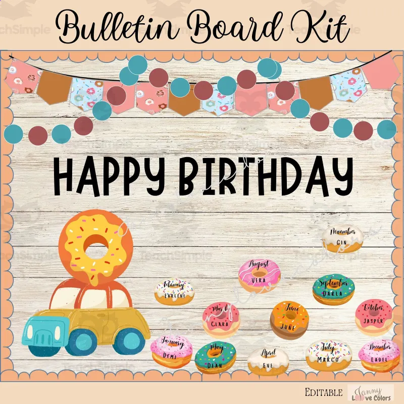 An educational teaching resource from Jannylovecolors entitled Birthday Display Bulletin Board Kit Donut Birthday Display Editable downloadable at Teach Simple.