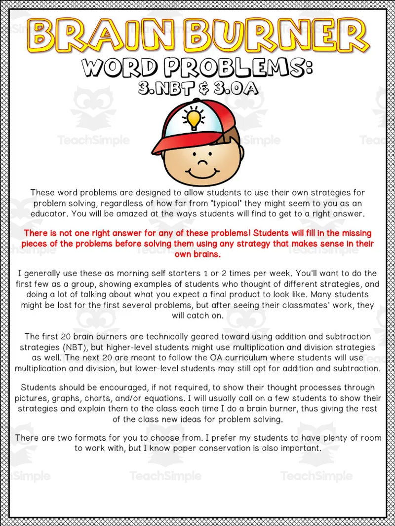 Brain Burners Word Problems Packet by Teach Simple