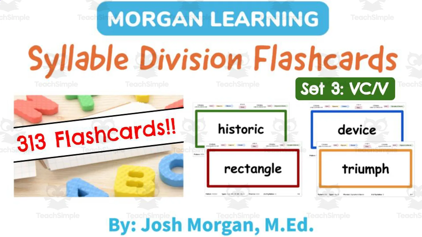 An educational teaching resource from Morgan Learning entitled Breaking the Big Words | Syllable Division Flashcards Set 3: VC/V downloadable at Teach Simple.