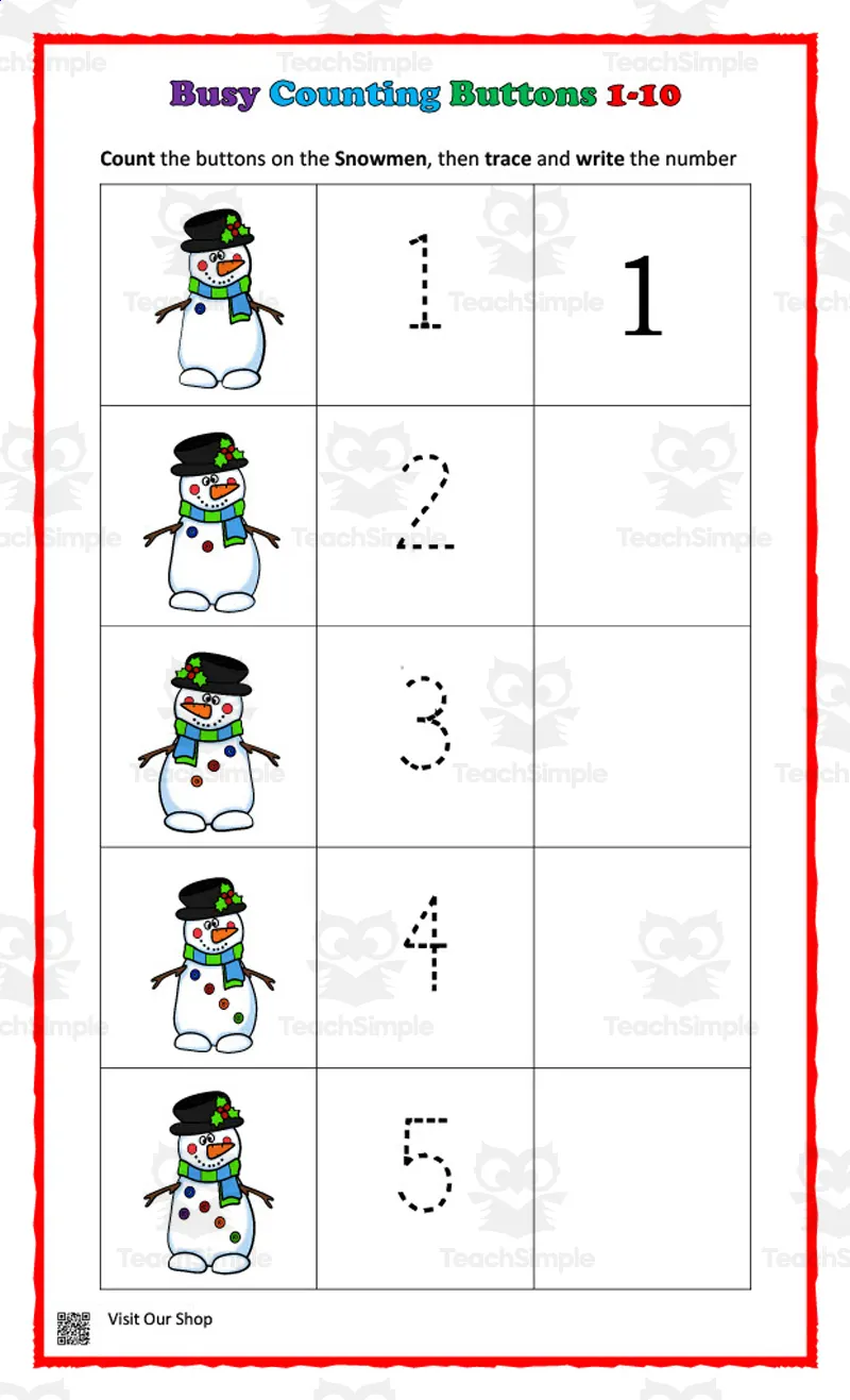 An educational teaching resource from KD's PreSchool Shop entitled Busy Counting Buttons Worksheet downloadable at Teach Simple.