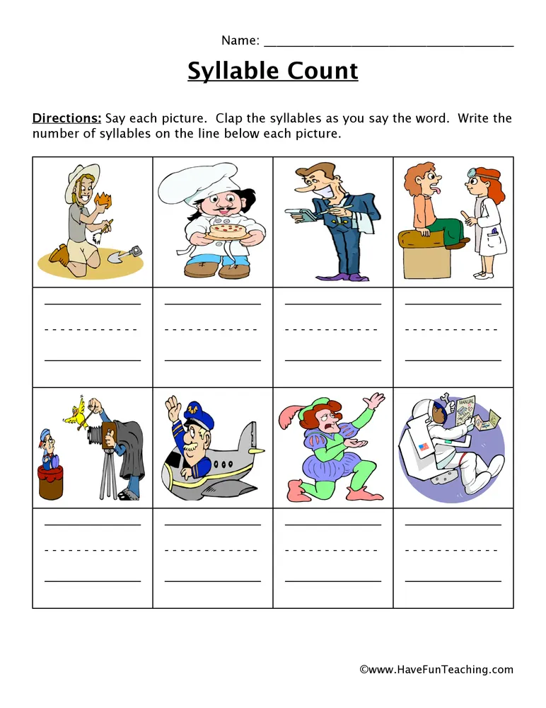 An educational teaching resource from Have Fun Teaching entitled Career Words Syllable Worksheet downloadable at Teach Simple.