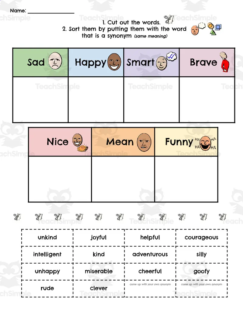 Character Trait Synonym Sort by Teach Simple