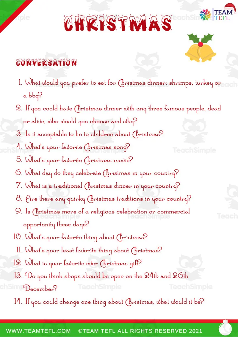 An educational teaching resource from TEAM TEFL entitled Christmas Conversations downloadable at Teach Simple.