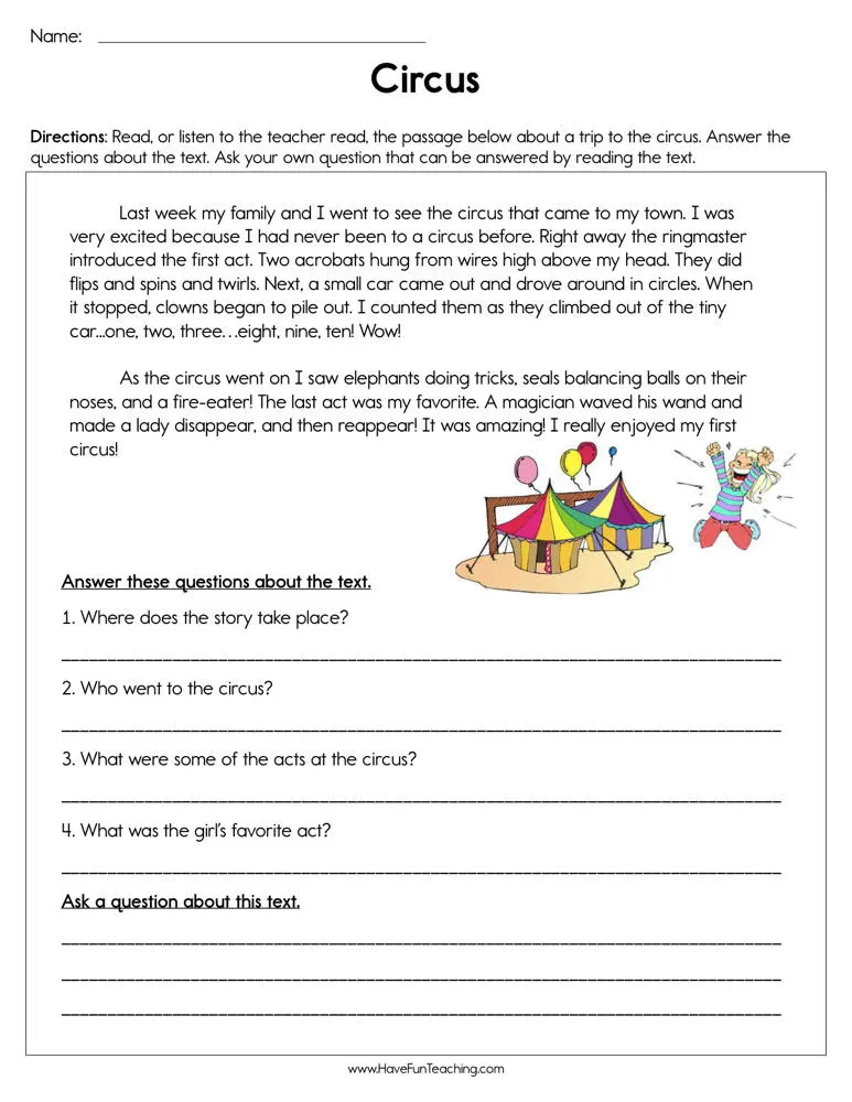 Circus Reading Comprehension Worksheet by Teach Simple