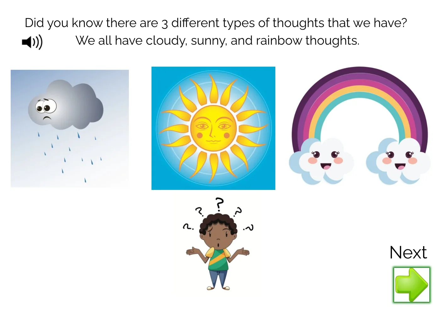 An educational teaching resource from Jennifer Moyer Taylor entitled Cloudy, Sunny, And Rainbow Thoughts Boom Deck with Audio downloadable at Teach Simple.