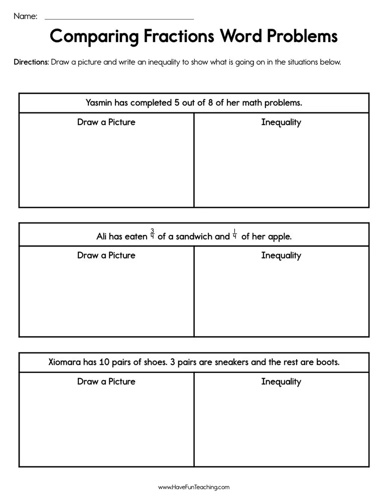 An educational teaching resource from Have Fun Teaching entitled Comparing Fractions Word Problems Worksheet downloadable at Teach Simple.