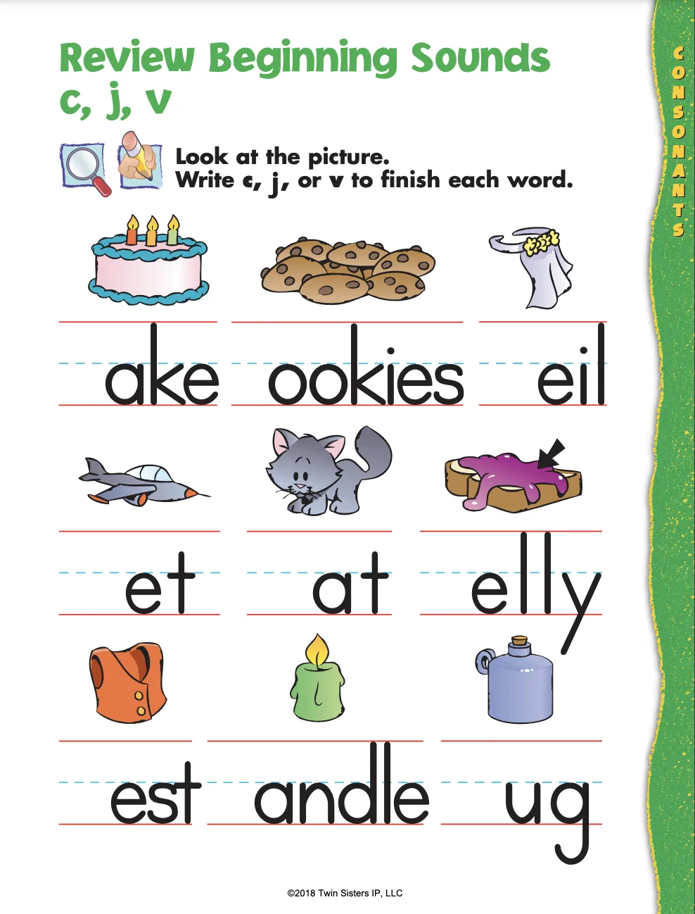 An educational teaching resource from Twin Sisters Digital Media entitled Consonants, Vowels, and Word Families Set 2 Printable Workbook For Pre-K downloadable at Teach Simple.