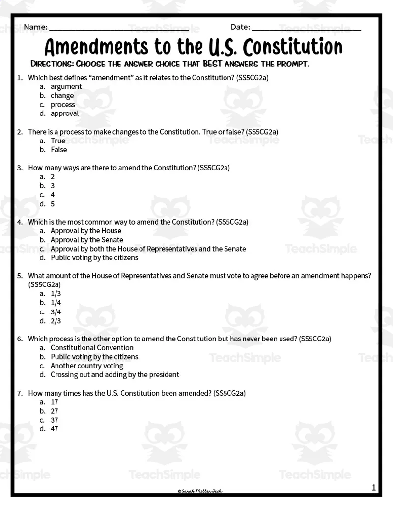 Constitutional Amendments Assessment Study Guide by Teach Simple