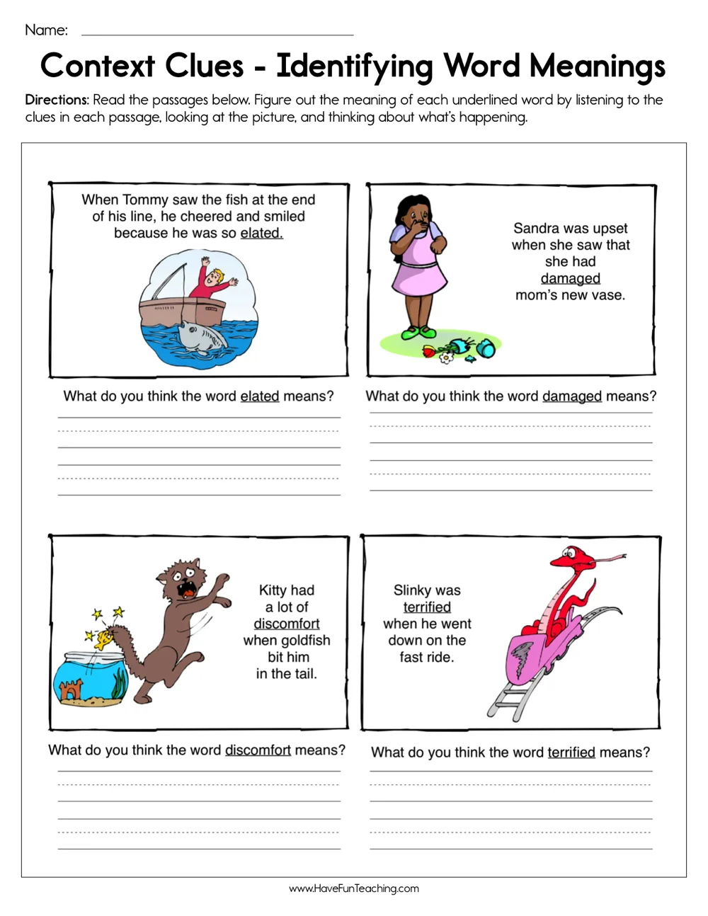 An educational teaching resource from Have Fun Teaching entitled Context Clues Identifying Word Meaning Worksheet downloadable at Teach Simple.