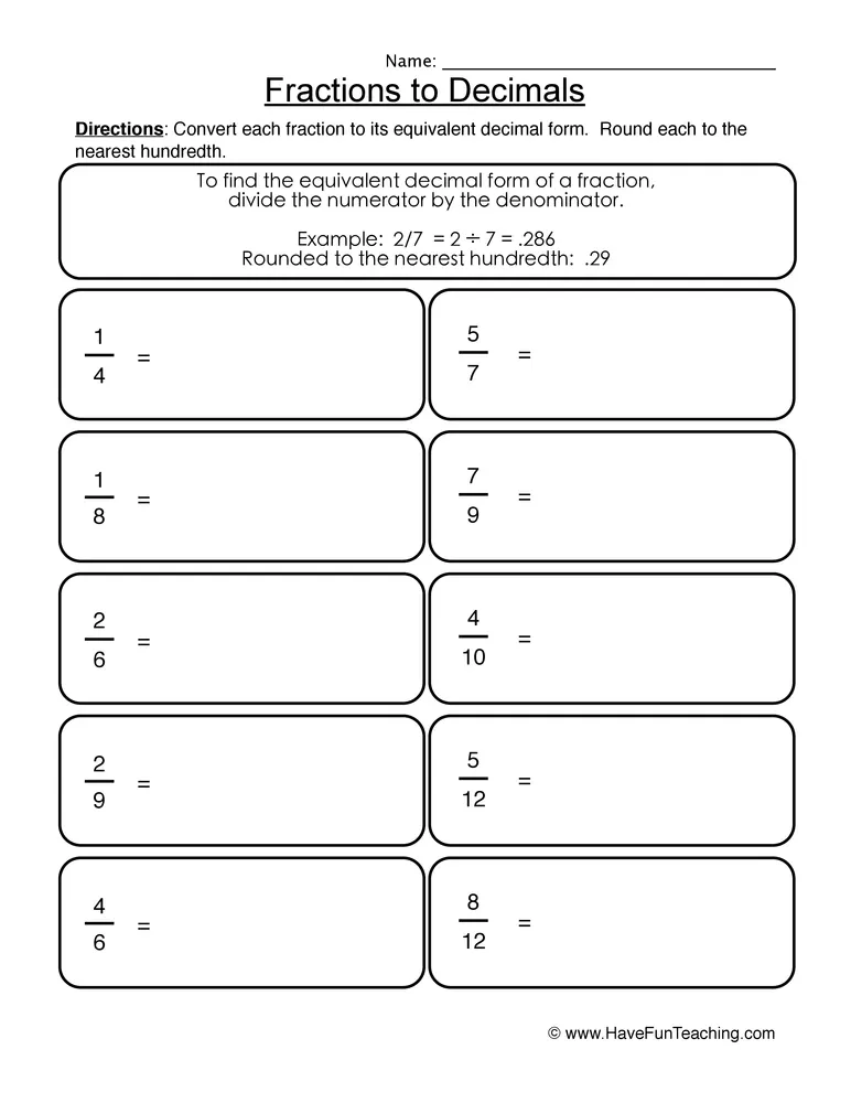 An educational teaching resource from Have Fun Teaching entitled Converting Fractions to Decimals Worksheet downloadable at Teach Simple.