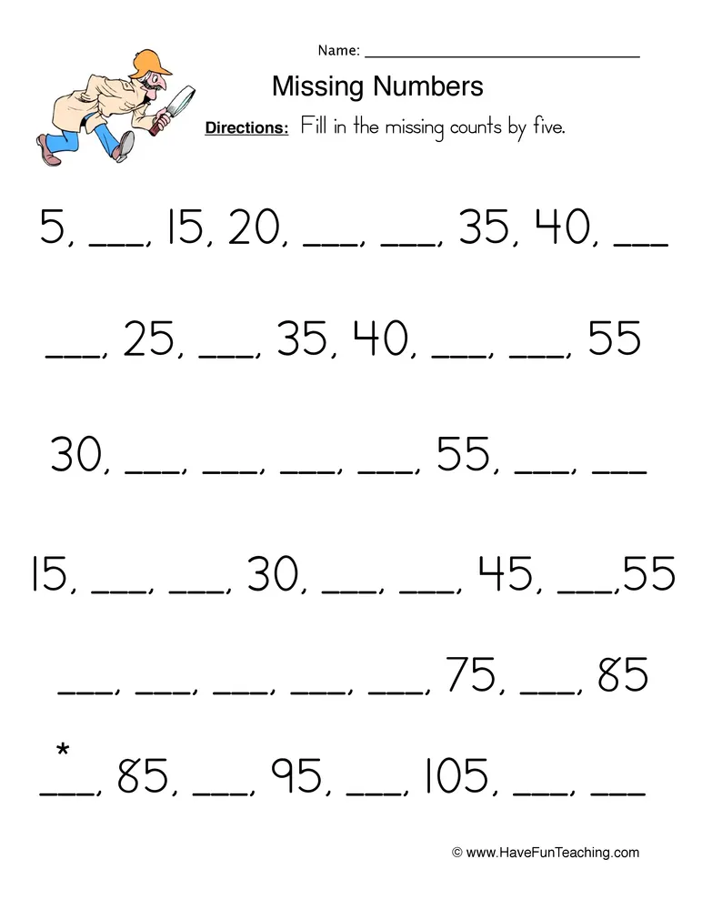 An educational teaching resource from Have Fun Teaching entitled Count Fives Fill in the Blank Worksheet downloadable at Teach Simple.