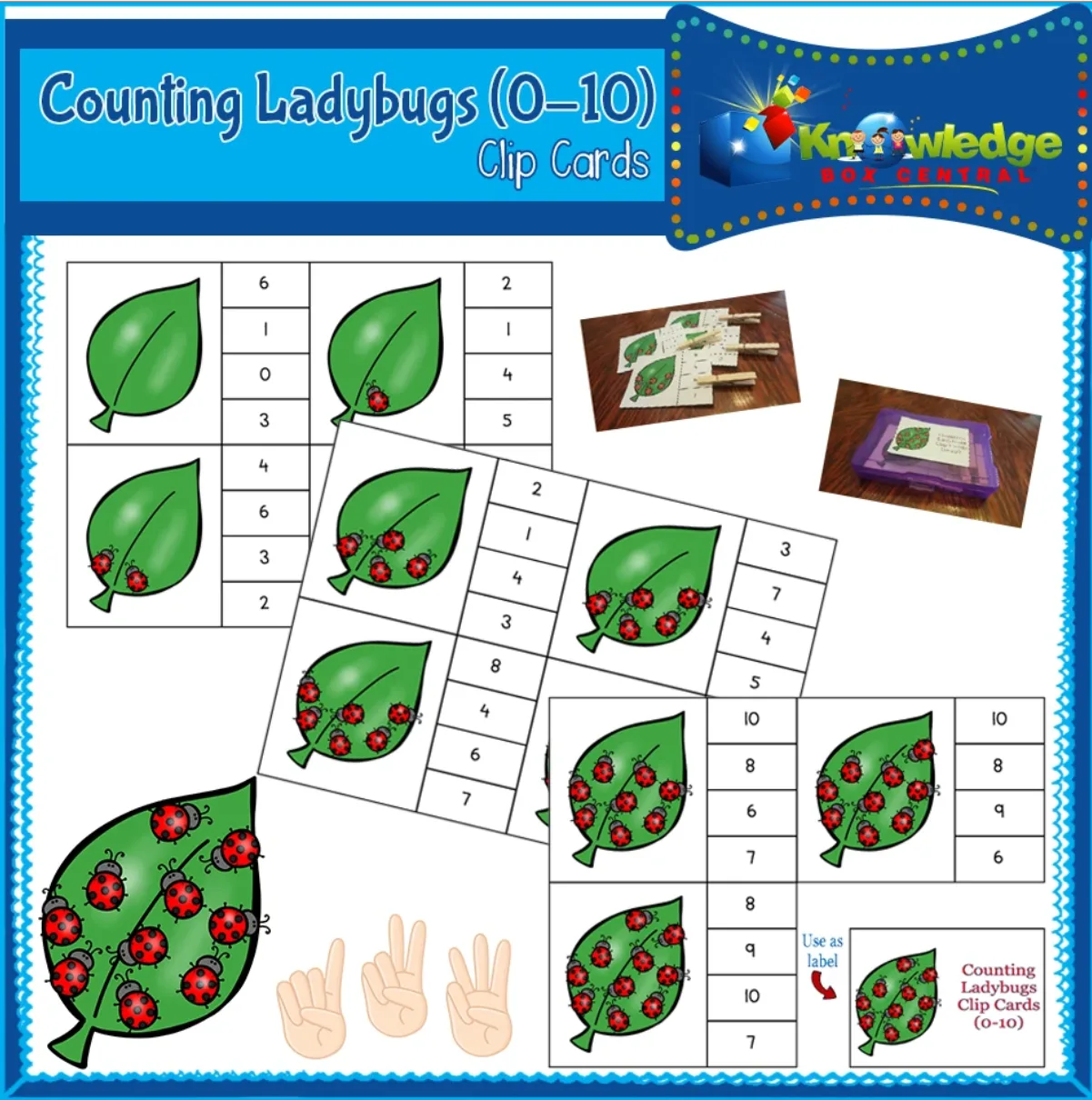 An educational teaching resource from Knowledge Box Central entitled Counting Ladybugs Clip Cards (0-10) - EBOOK downloadable at Teach Simple.