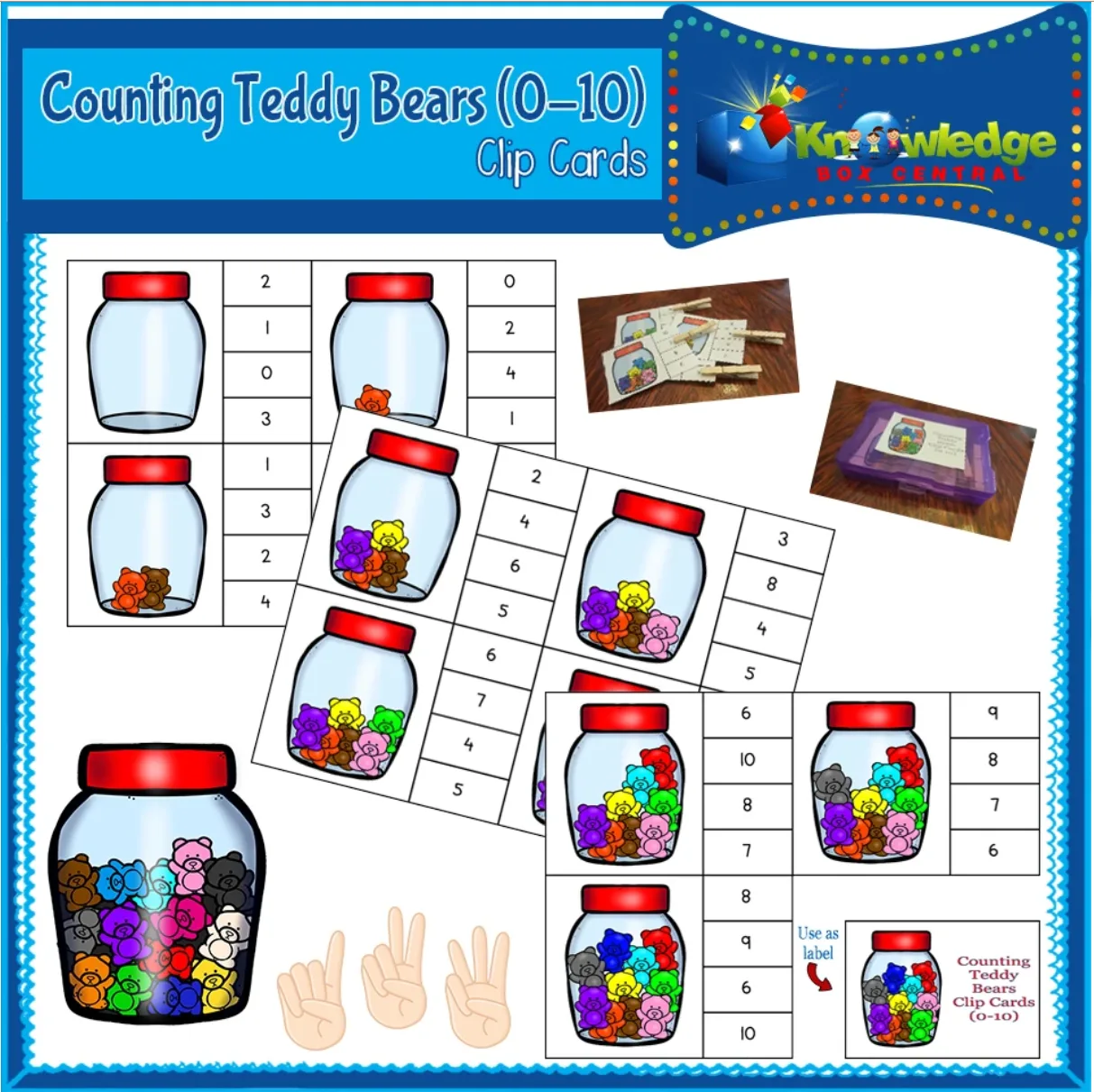 An educational teaching resource from Knowledge Box Central entitled Counting Teddy Bears Clip Cards (0-10) - EBOOK downloadable at Teach Simple.